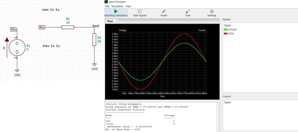 Circuit simulation using the KiCad tool
